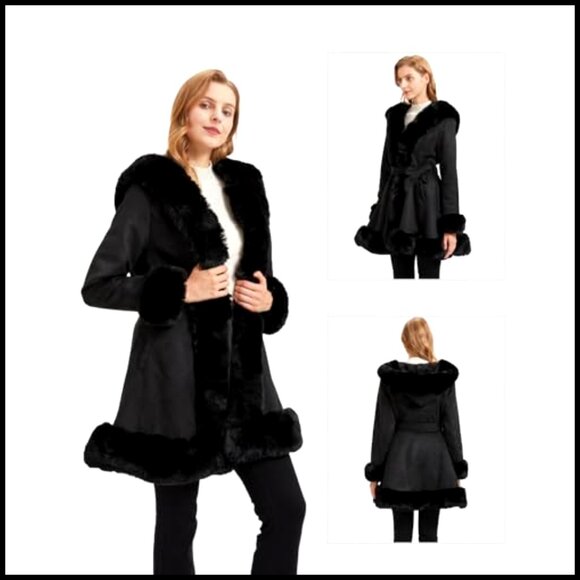 Faux Fur Collar Suede Jacket Belted Parka Coat Winter Outerwear Long Sleeve - Picture 3 of 6
